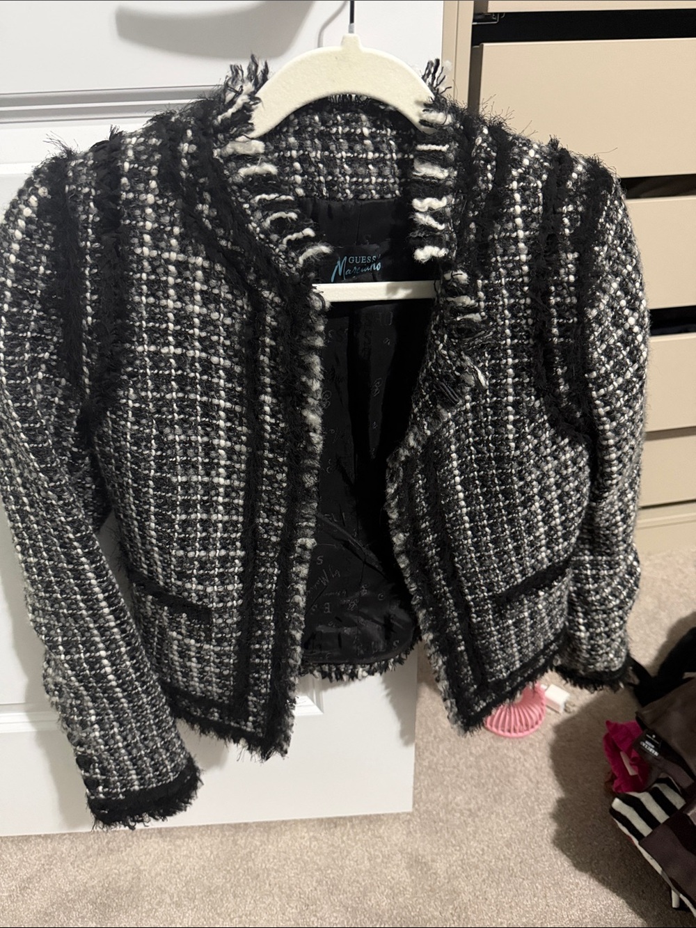 Guess by Marciano Black and White Tweed Fringed Jacket